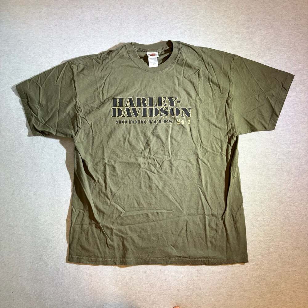 Vintage 2009 Harley-Davidson Motorcycles 24-7 Olive Green Graphic T-Shirt
